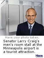 Most Senators just have bridges named after them, but Senator Larry Craig of Idaho has a stall in the men's room at the Minneapolis airport that has become a big tourist attraction with lots of photos being taken. The senator pleaded guilty to a disorderly conduct charge stemming from his arrest at the airport when he was arrested by a plainclothes policeman investigating complaints of lewd behavior in the mens room. 